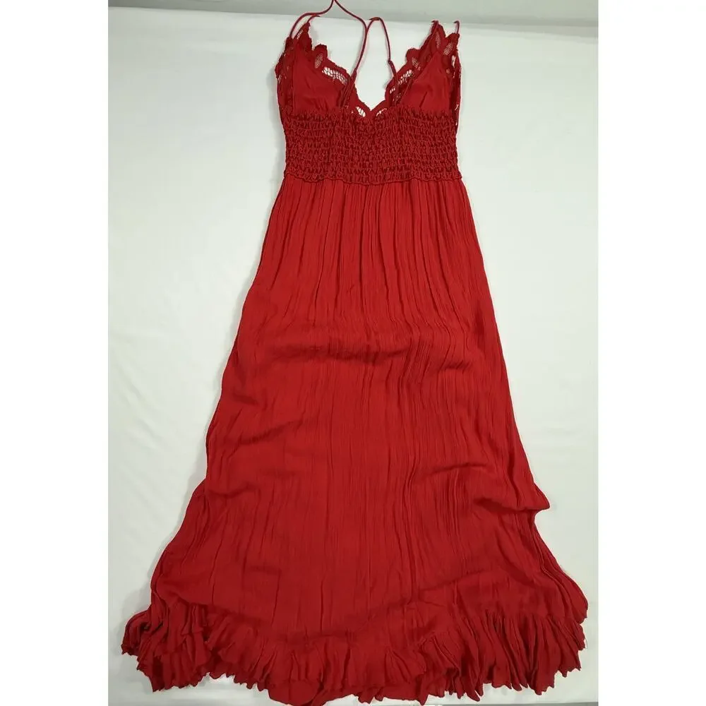Free People NWT Adella Maxi Slip Dress Sz M Sleeveless Boho Crochet Lace Red - Picture 9 of 12
